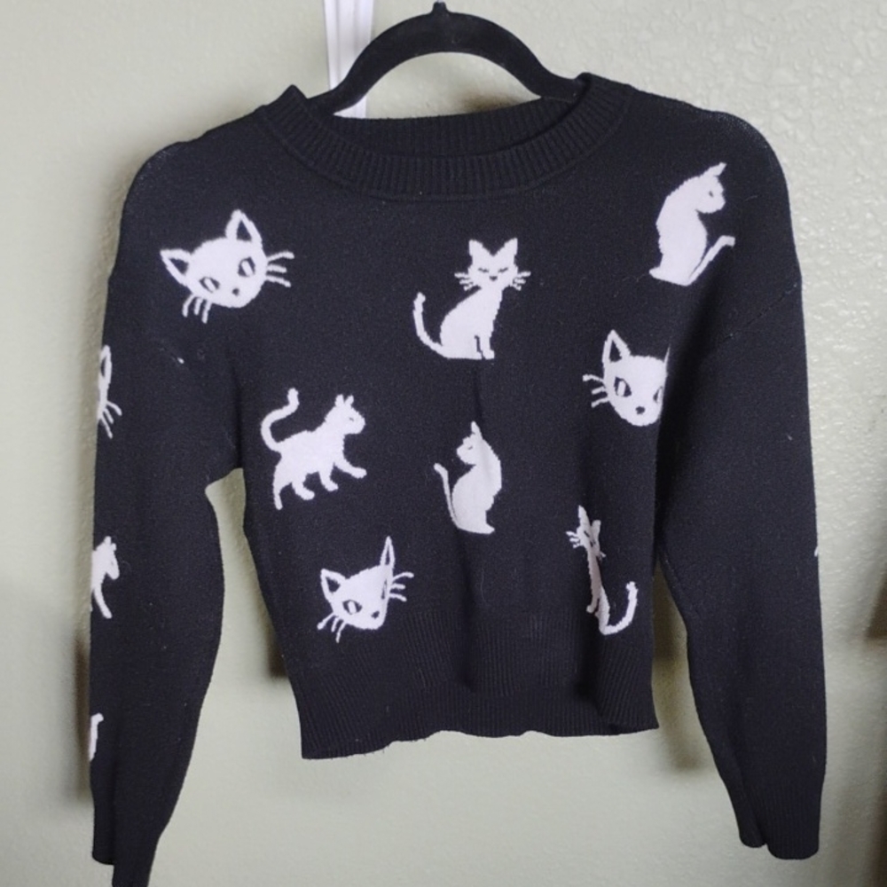 Madden Girl Black Sweater with White Cat Design